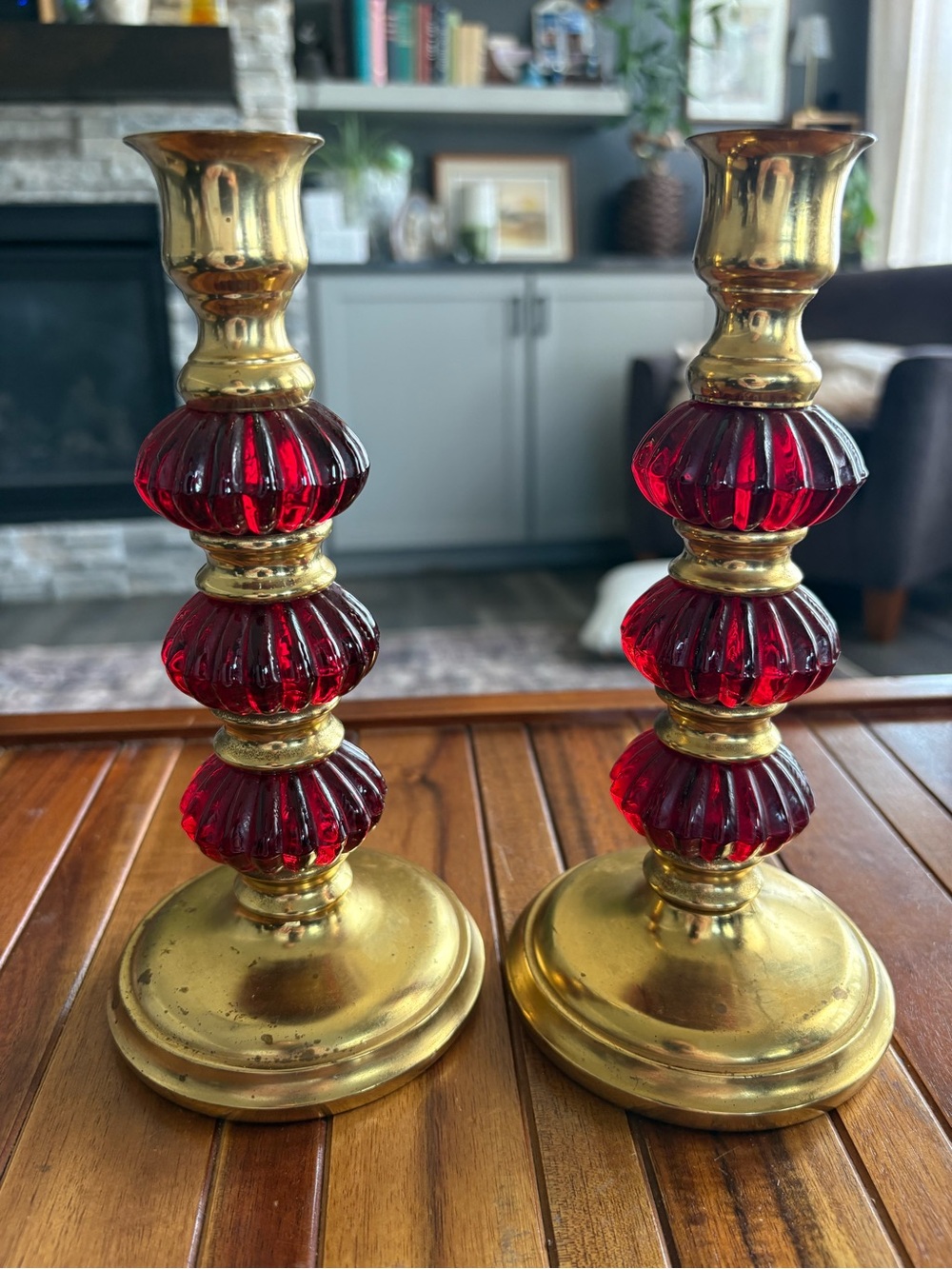 Vintage Ruby Red Glass Brass Candlesticks Pair Hollywood Regency